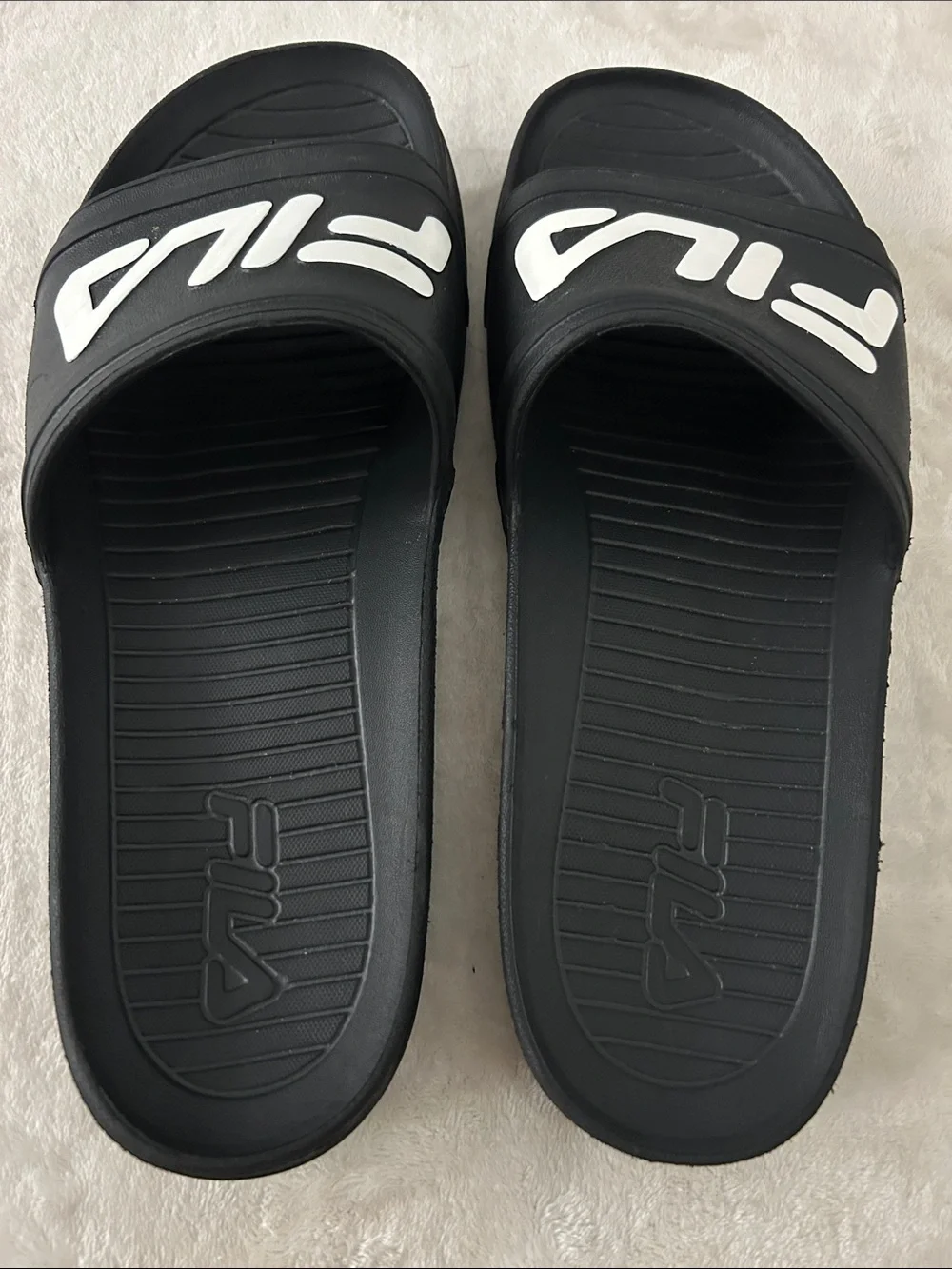 Fila Black Slide Sandals with White Logo